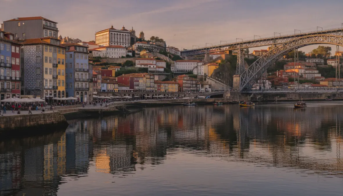 Colorful waterfront buildings in Porto reflecting golden hour light, one of the most photogenic cities in Europe for weekend photography trips