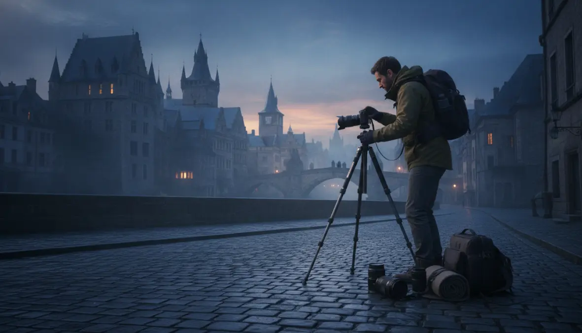 Photographer capturing European cityscape during blue hour with essential camera gear for weekend photography trips in Europe