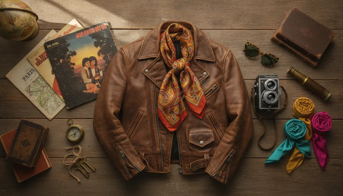 Collection of vintage shopping treasures and retro fashion finds from European flea markets