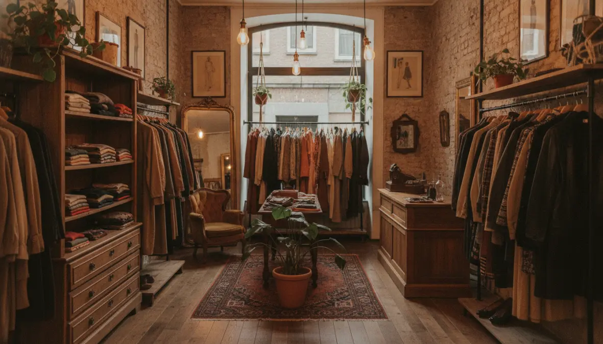 Cozy European vintage store interior with curated secondhand clothing and antique furniture displays