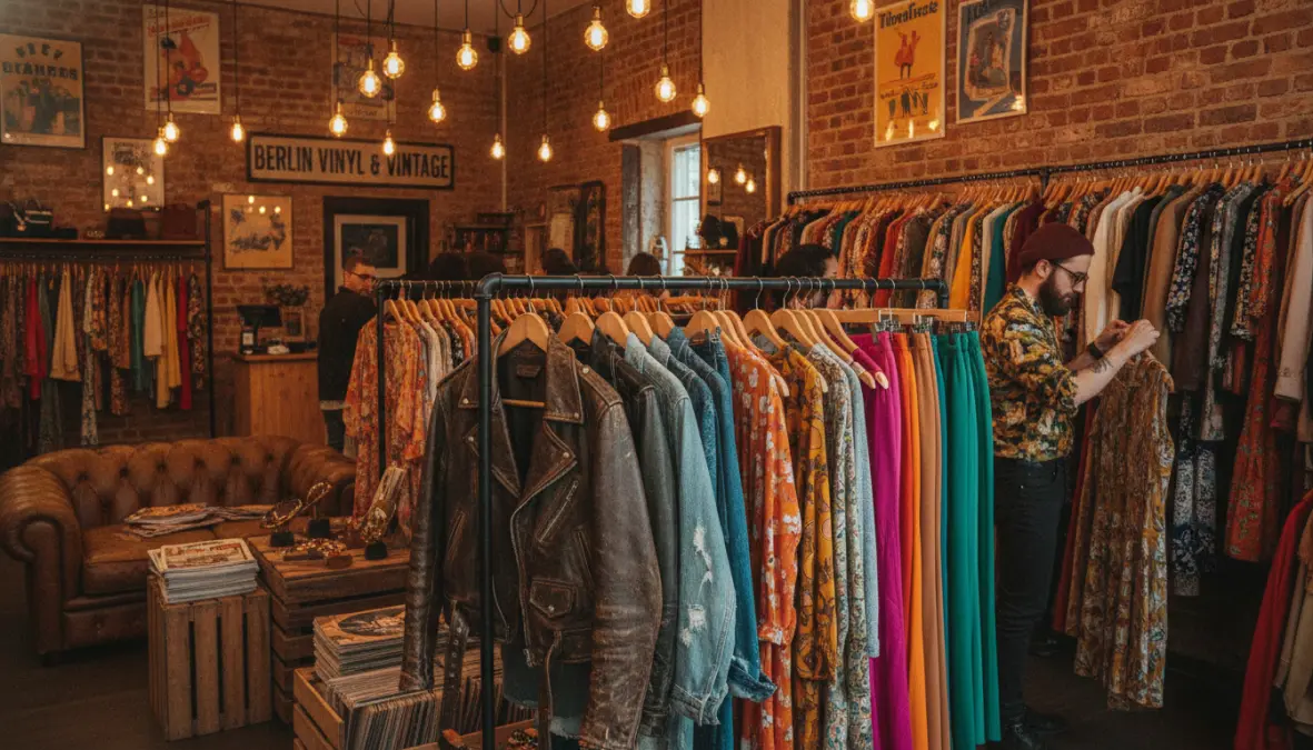 Interior of vintage boutique in Berlin showing curated retro clothing racks and thrift store atmosphere