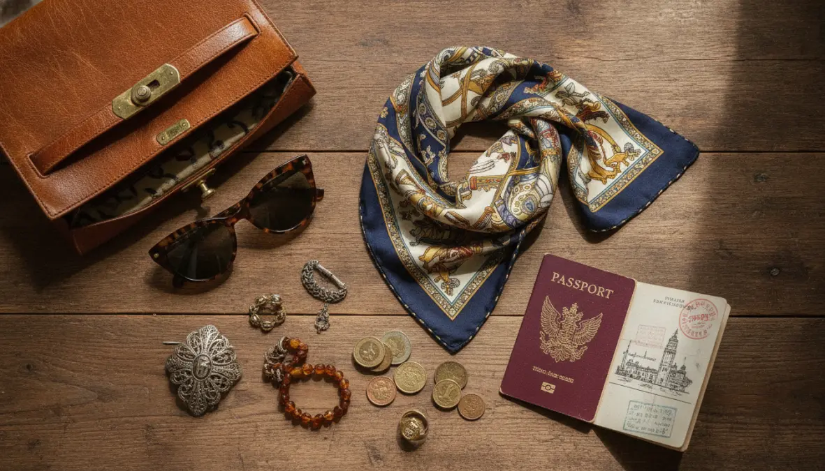 Collection of vintage fashion finds from European flea markets including accessories and retro clothing items