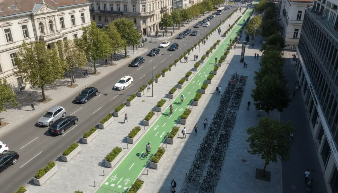Protected bike lanes and cycling infrastructure in a bike friendly European city
