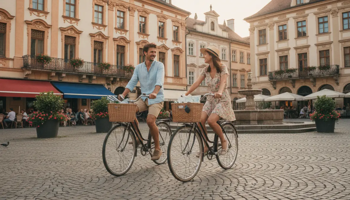 Tourists enjoying a cycling weekend break in a historic European city center