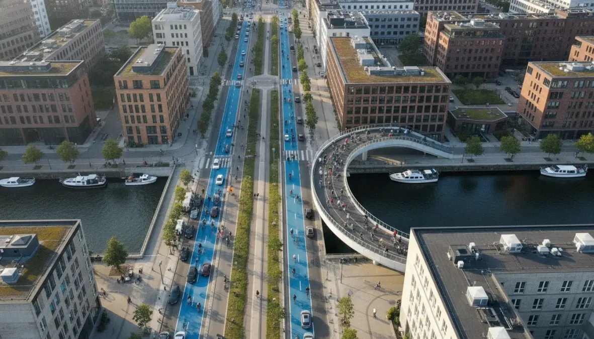 Copenhagen's bike-friendly infrastructure showing dedicated cycling lanes and bike sharing systems