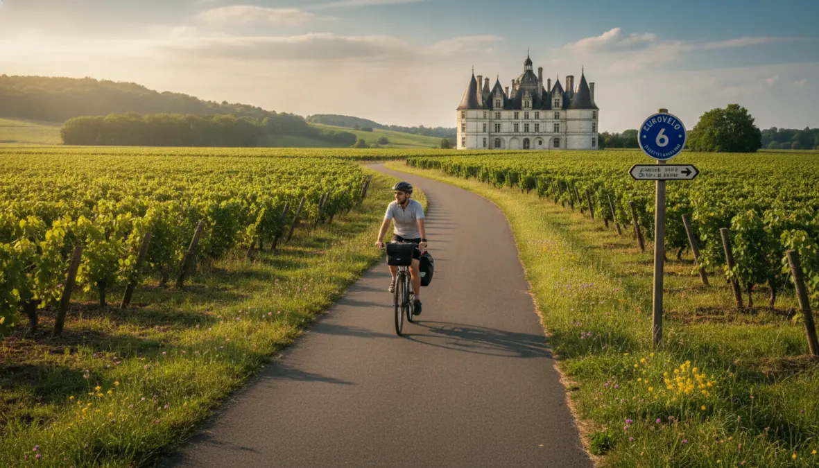 Cyclist exploring scenic European cycling route through Loire Valley vineyards with château in background