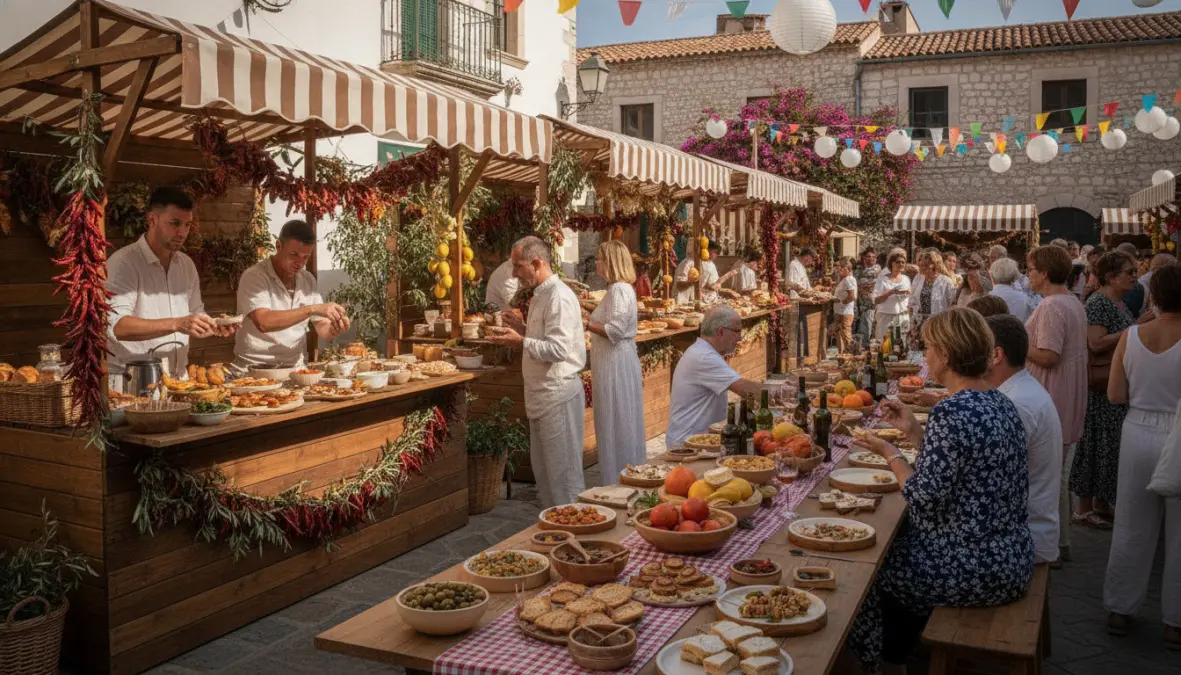 European food festival with street food vendors and visitors tasting traditional dishes
