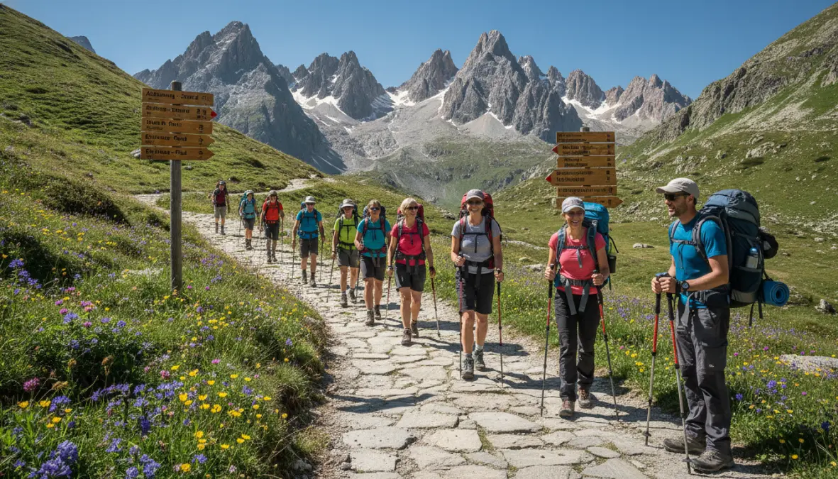 Hikers enjoying alpine trails in European mountain towns during summer