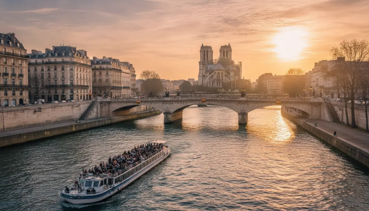 Seine River cruise in Paris at sunset - romantic weekend escape destination along iconic European waterway