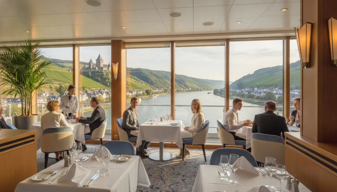 Elegant dining room aboard European river cruise ship with scenic views - mini river cruise Europe experience