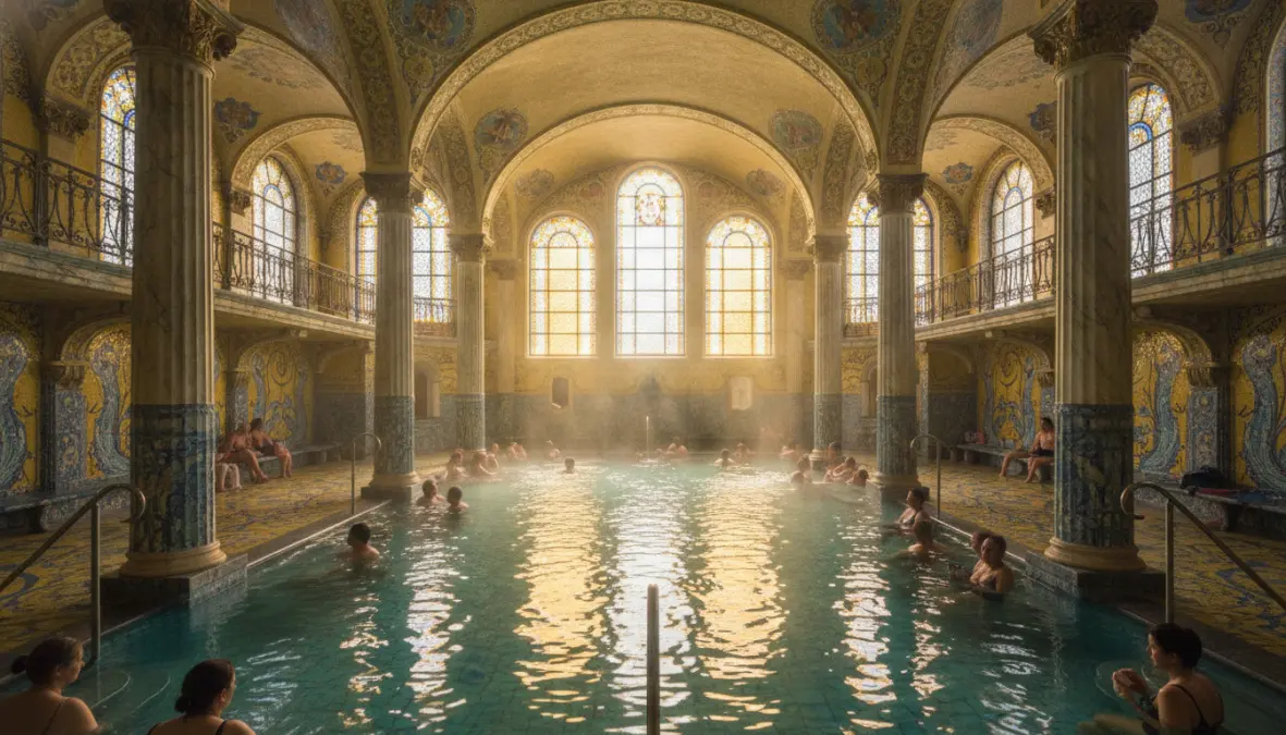 Traditional European thermal bath interior with ornate architecture and mineral water pools in historic spa building