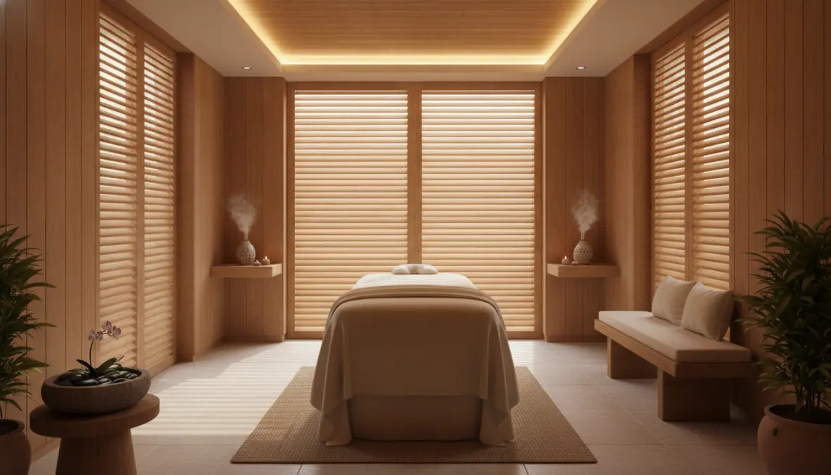 Modern luxury spa treatment room in European wellness retreat with massage therapy and relaxation facilities