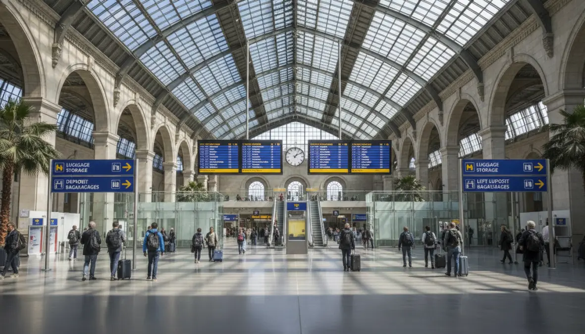 European railway station interior showing baggage storage facility signage and amenities