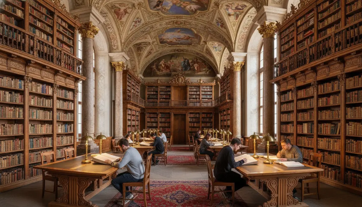 Beautiful historic university library in Europe with ancient books and Baroque architecture