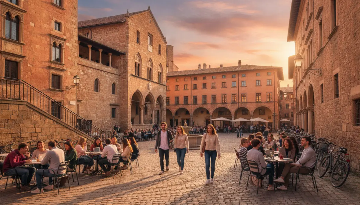 University town square in Europe with students at outdoor cafés and historic buildings