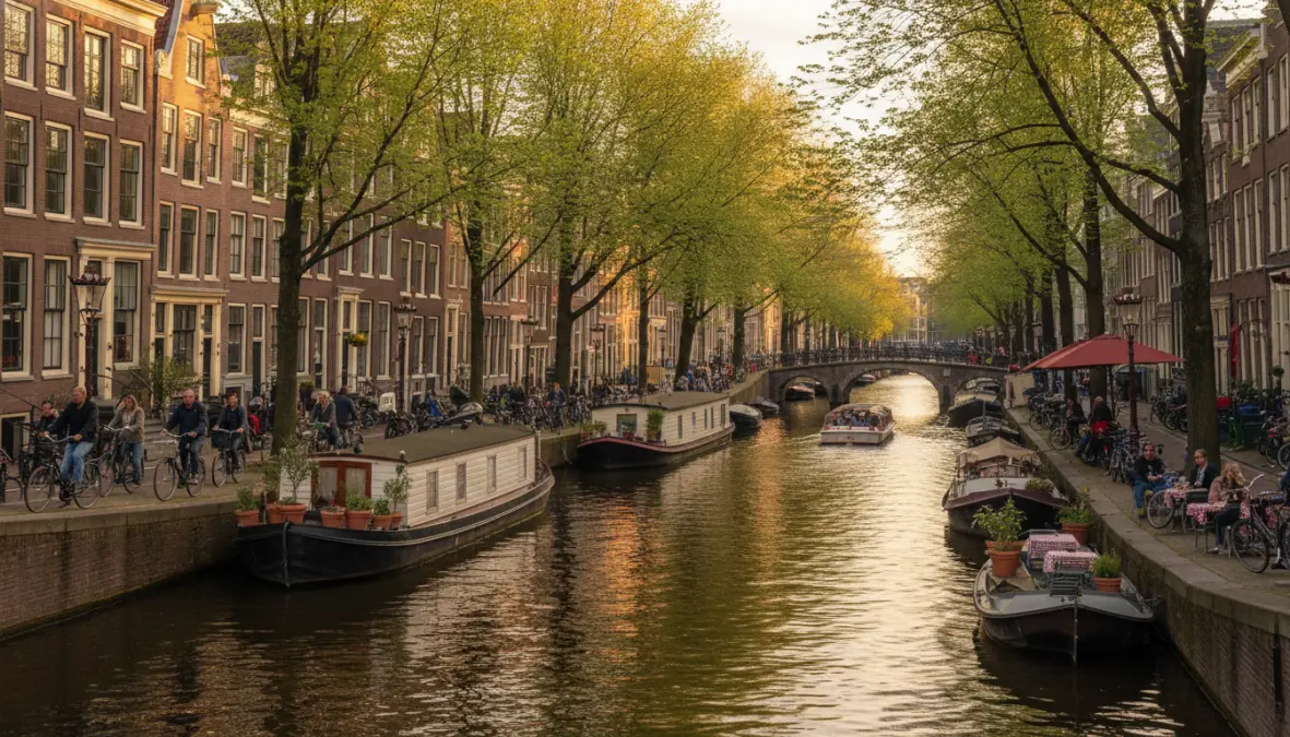 Amsterdam canal with traditional houses and boats, iconic European canal city for weekend breaks