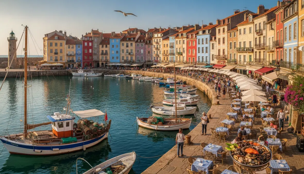 European harbor city waterfront with colorful buildings and boats in historic port