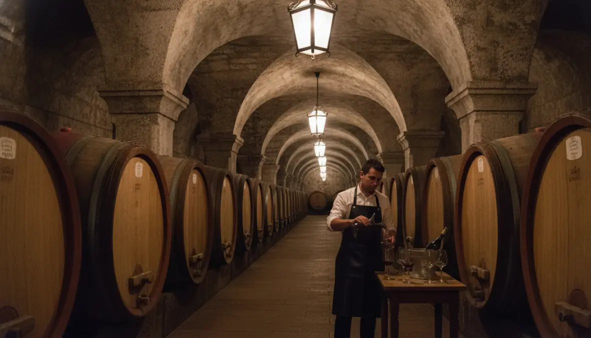 Traditional European wine cellar tour with sommelier experience and barrel aging