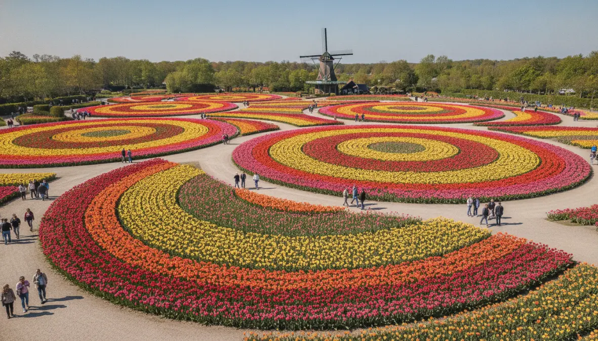 Keukenhof tulip gardens in Amsterdam with colorful spring blooms and visitors