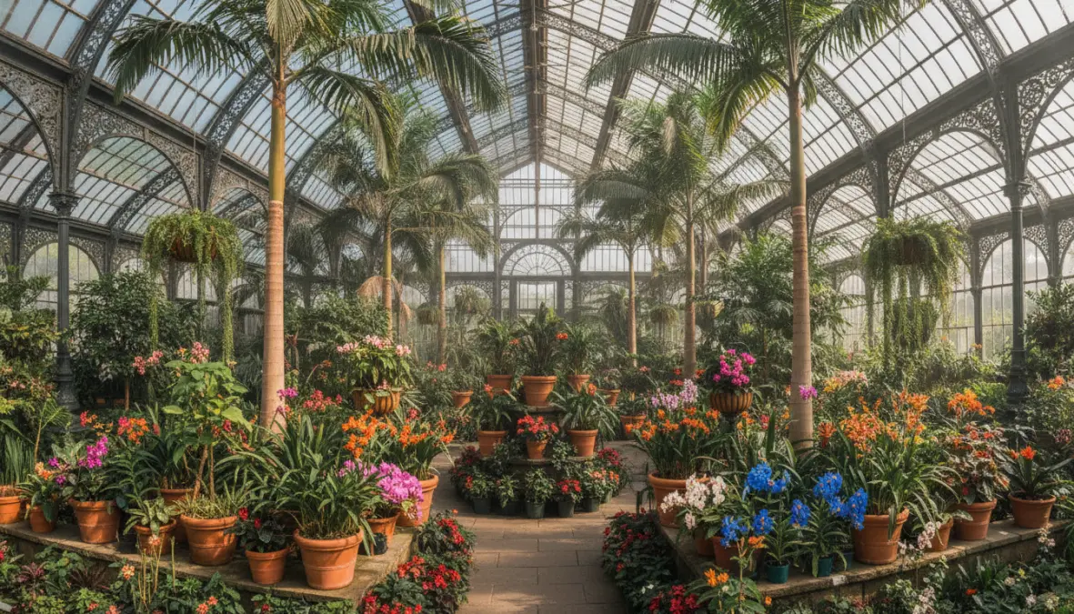 Victorian glasshouse conservatory in European botanical garden with tropical plants year-round