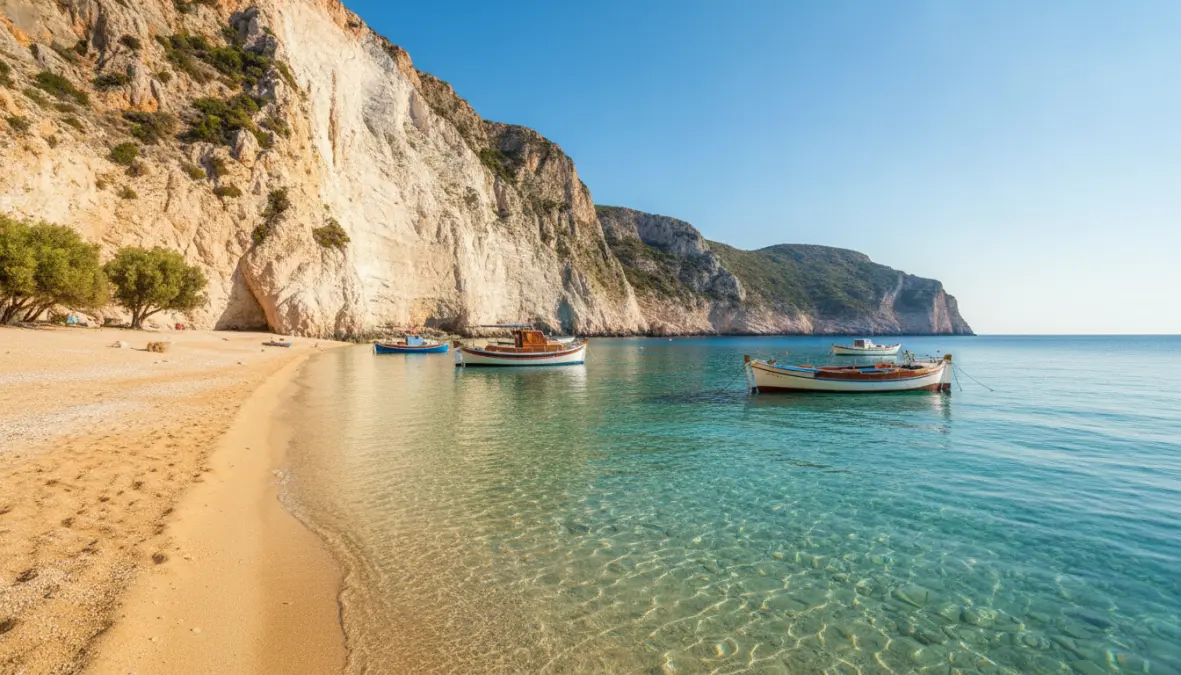 Hidden gem Greek island beach with crystal waters, ideal for quiet summer weekend escape