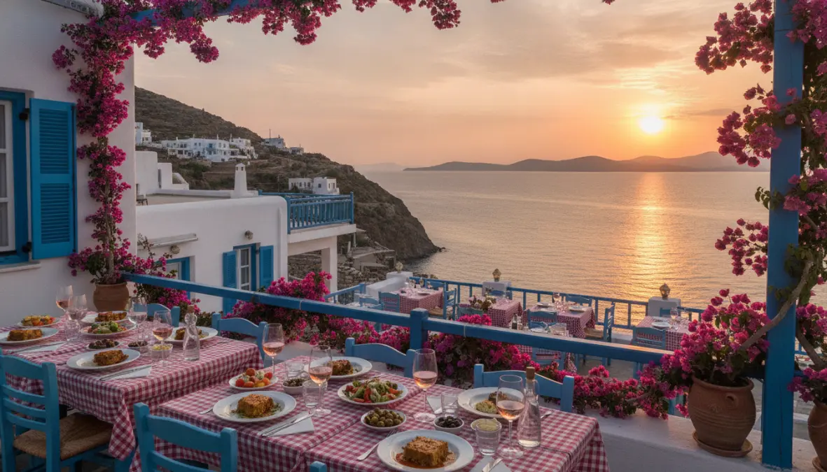 Authentic Greek island taverna with sea view, traditional village dining experience for weekend travelers