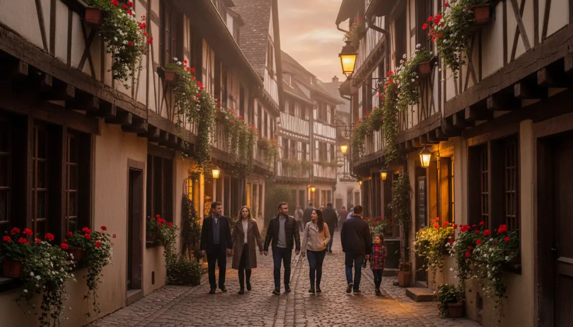 Charming cobblestone street in medieval European town with traditional architecture ideal for weekend getaway