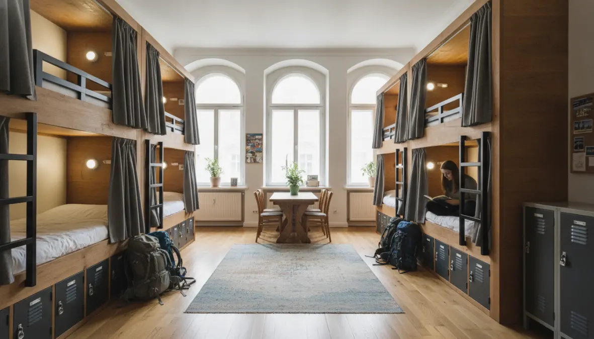 Modern hostel dormitory accommodation for solo travelers in Europe with privacy pods and secure storage
