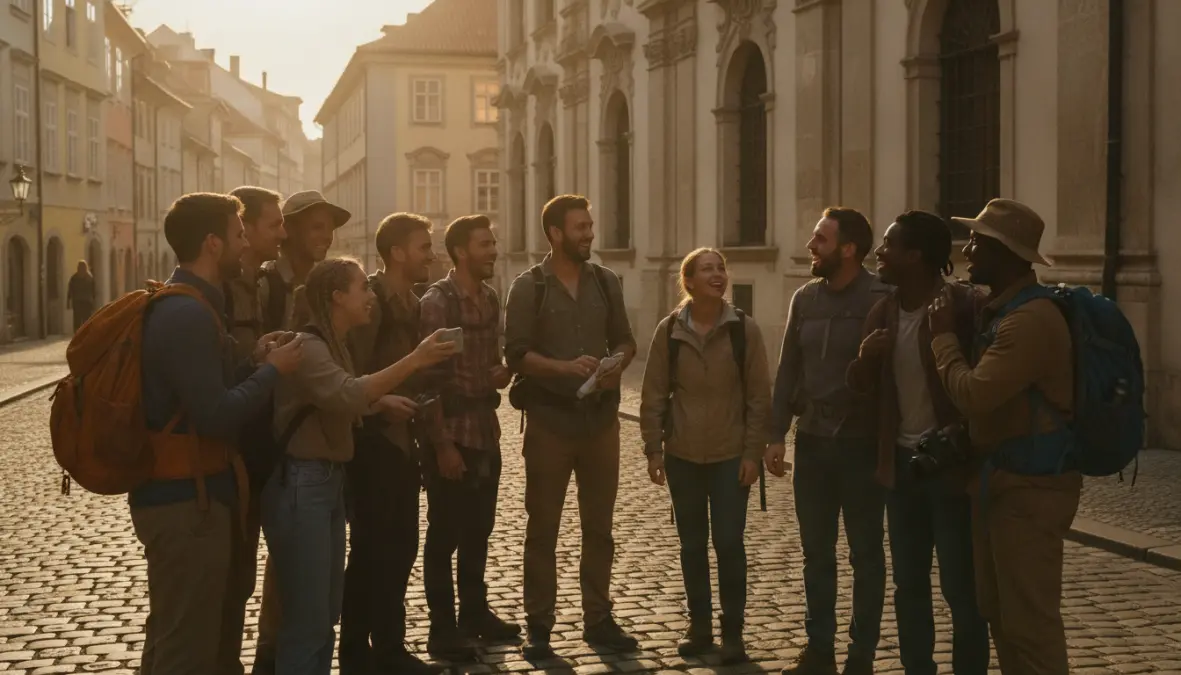 Solo travelers meeting on hostel organized walking tour in European city, social hostels europe group activities