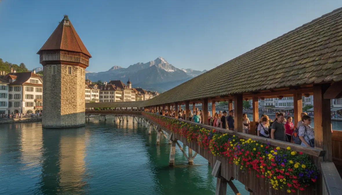 Chapel Bridge in Lucerne lakeside with water tower and Alpine mountains