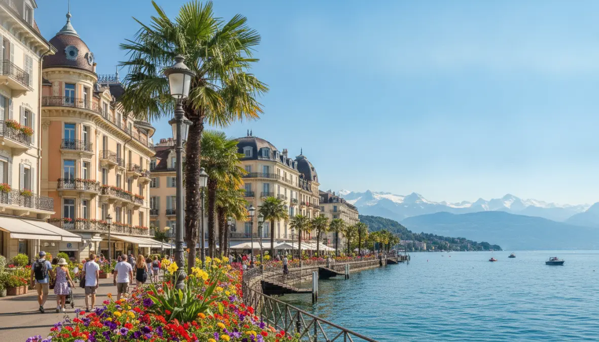Montreux Switzerland Lake Promenade with palm trees along Lake Geneva waterfront
