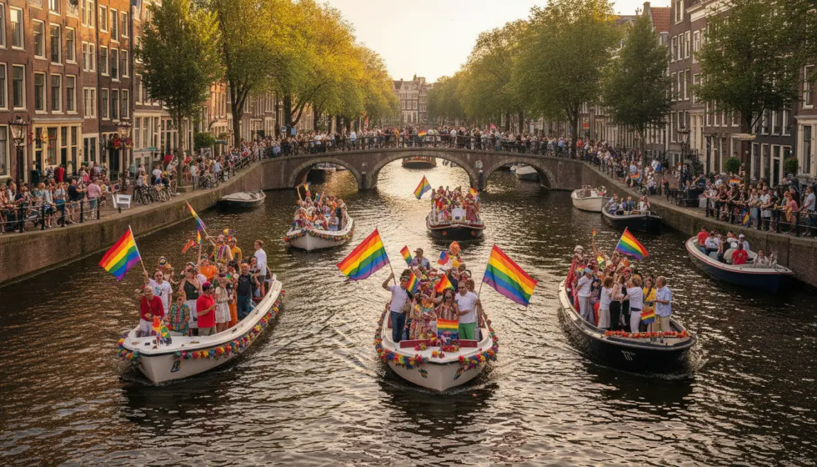 Amsterdam Pride canal parade with rainbow boats and historic buildings along the waterway