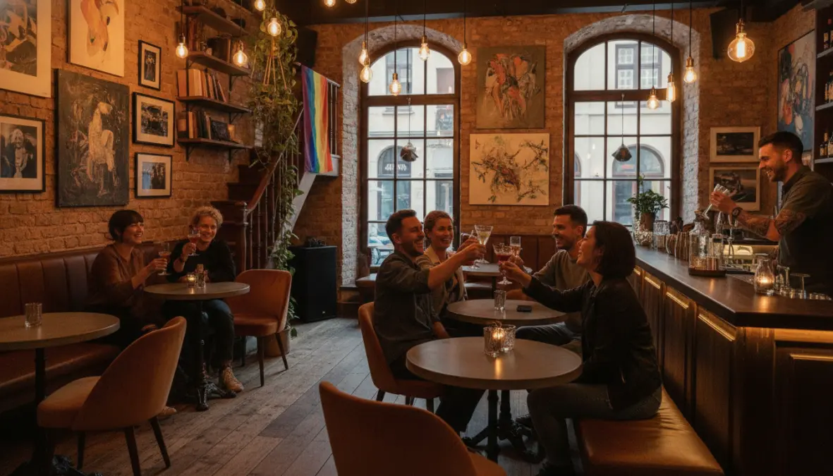 Welcoming LGBTQ-friendly bar in Europe with diverse group of friends enjoying nightlife