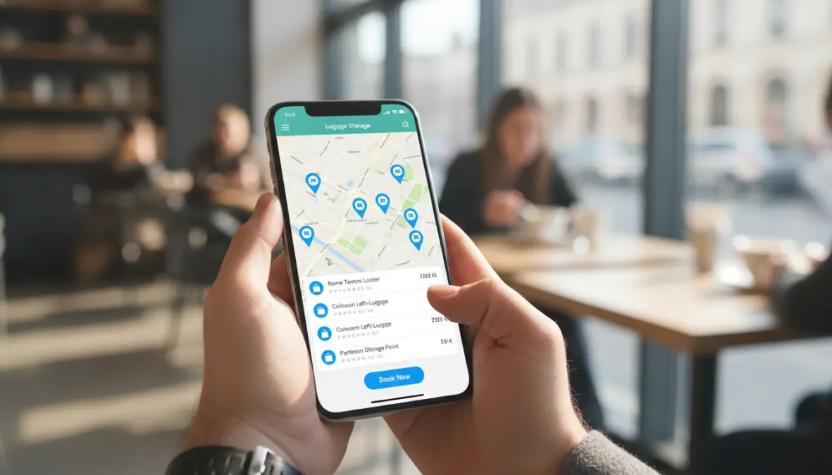 Modern app-based luggage storage service showing booking interface for European cities