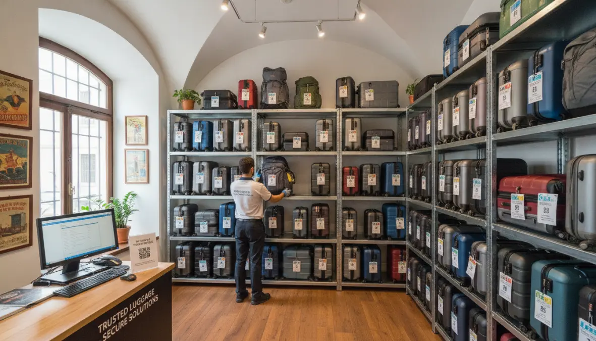 Secure baggage storage facility at European partner location with tagged luggage