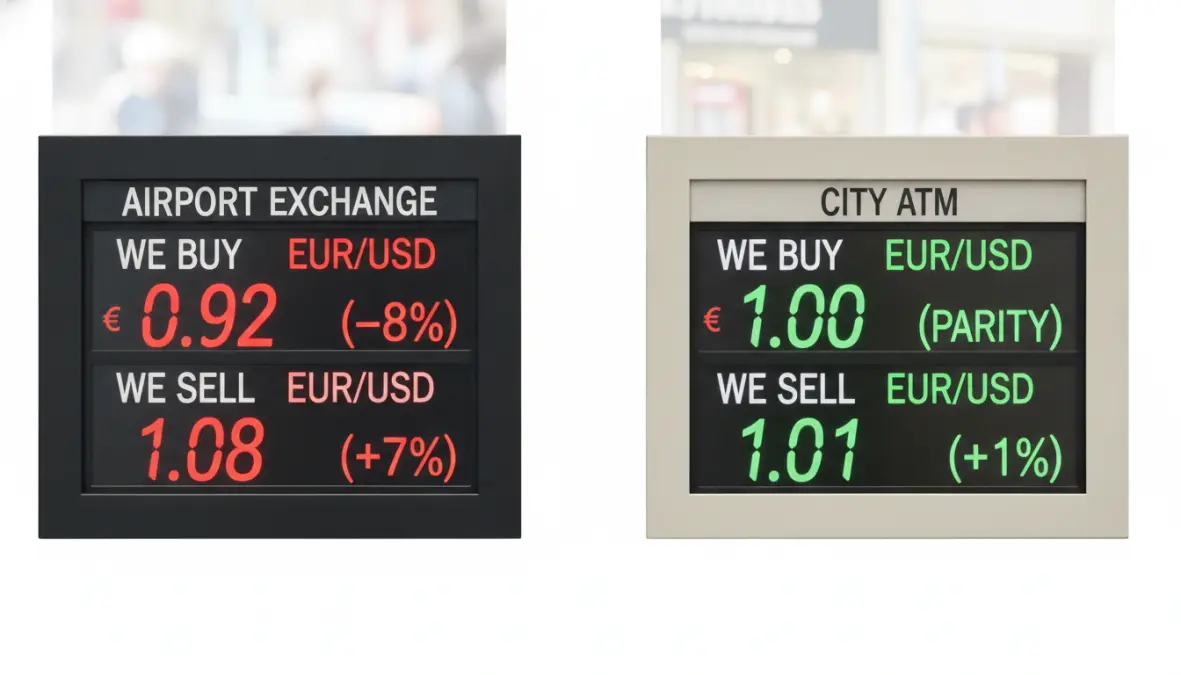 Comparison of currency exchange rates in Europe showing airport tourist trap versus best ATM rates