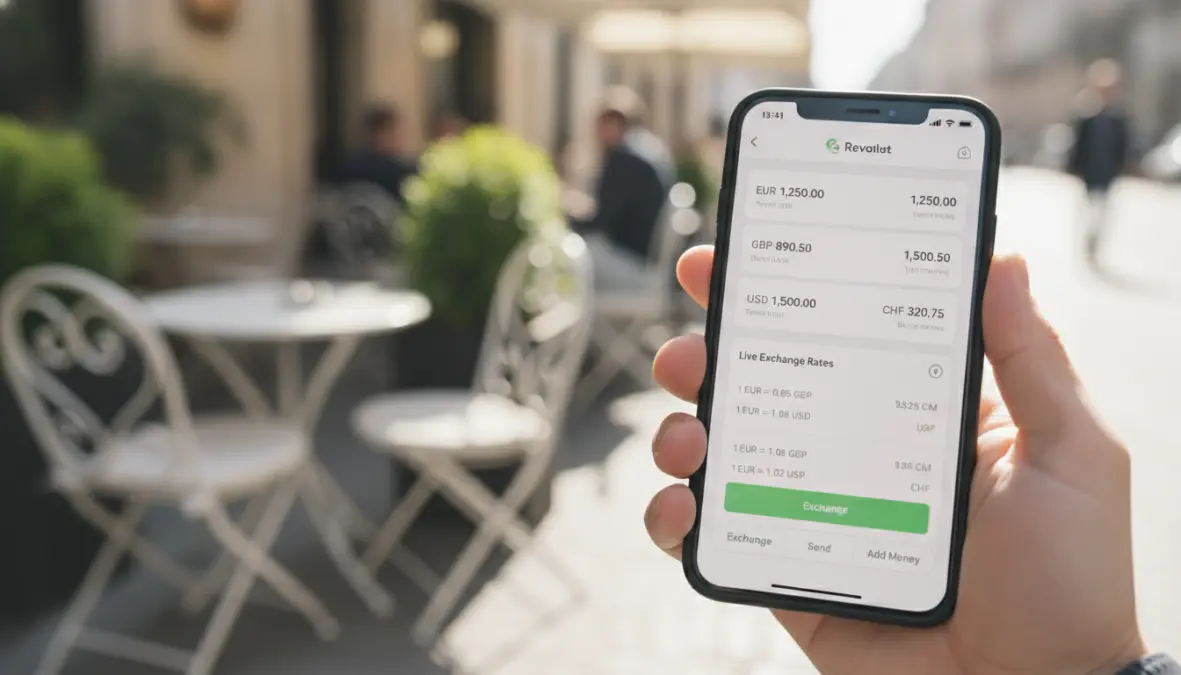 Multi-currency travel debit card app showing best exchange rates for money exchange in Europe