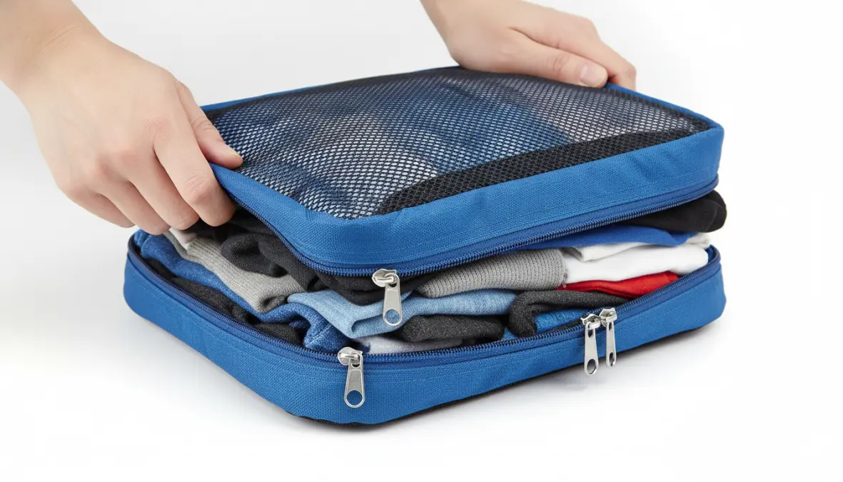 Compression packing cubes being zipped to save space for weekend travel