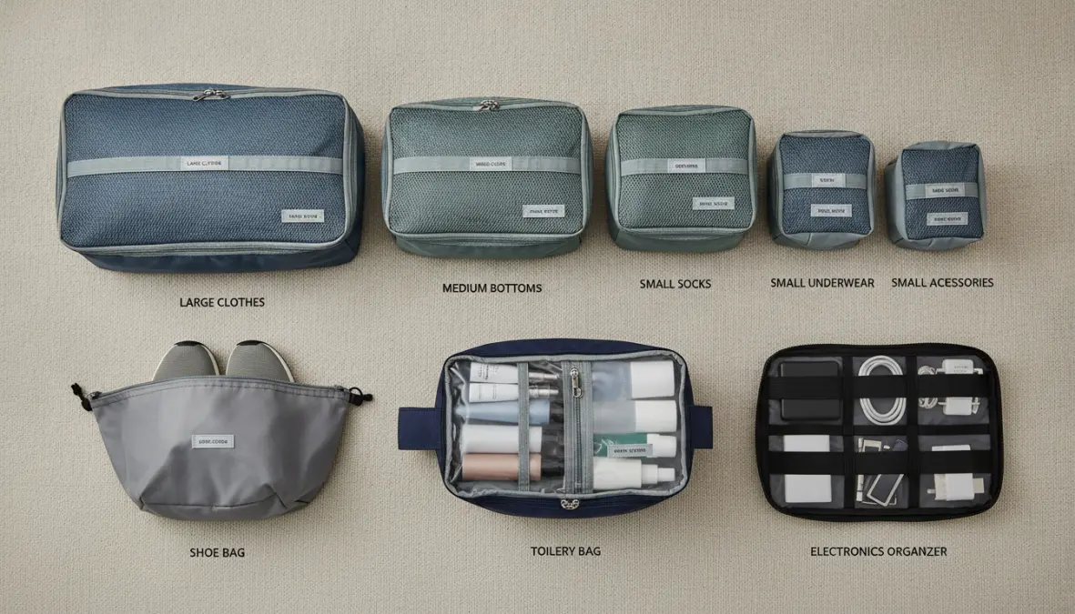 Complete travel organizer set with packing cubes for weekend trips to Europe