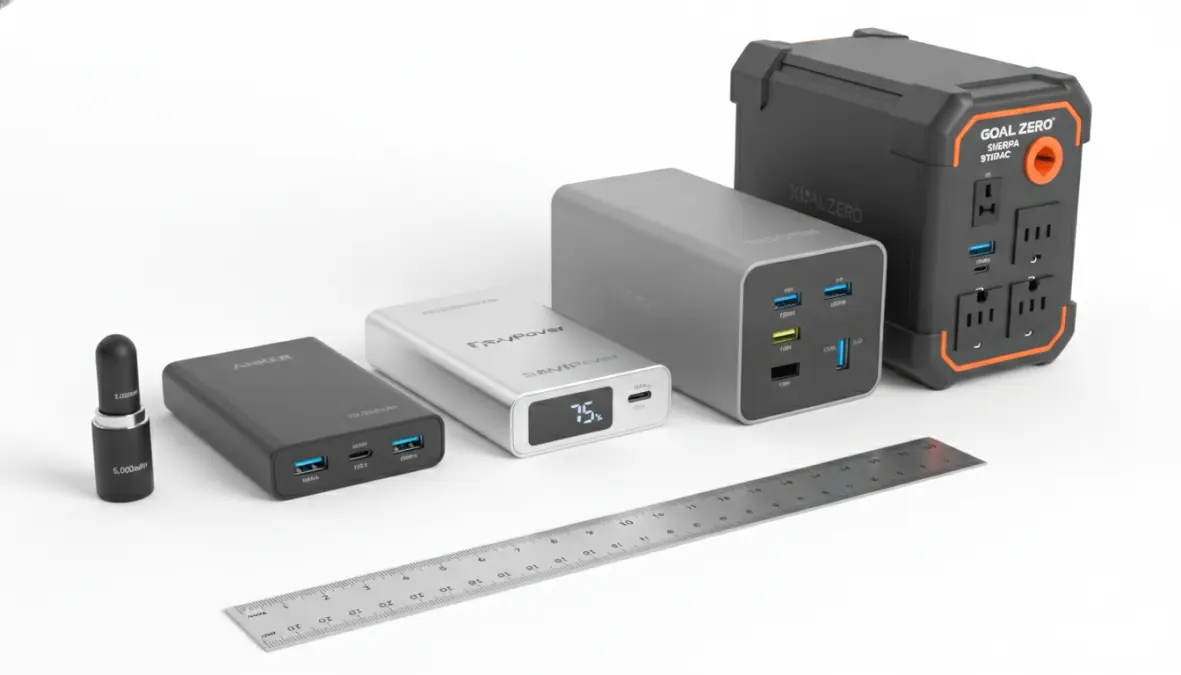 Different sizes of TSA approved power banks for international travel showing mAh capacity