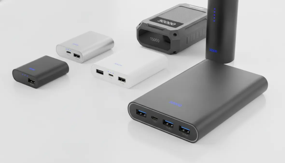 Different capacity travel power banks with USB ports and battery indicators for European trips