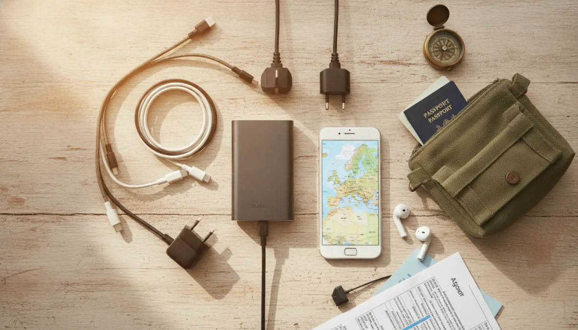 Travel electronics essentials including power bank, cables, and adapters for Europe travel