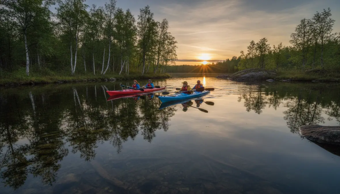 Midnight kayaking adventure in Swedish Lapland during Scandinavian summer holidays