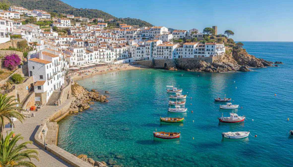 Cadaqués fishing village with whitewashed houses on Costa Brava coastline in Catalonia