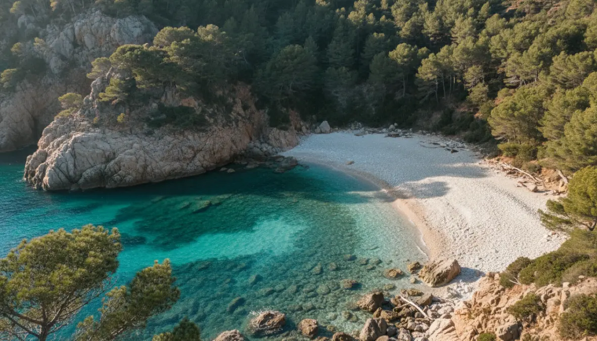 Hidden secluded beach cove with crystal clear waters along the Costa Brava coast