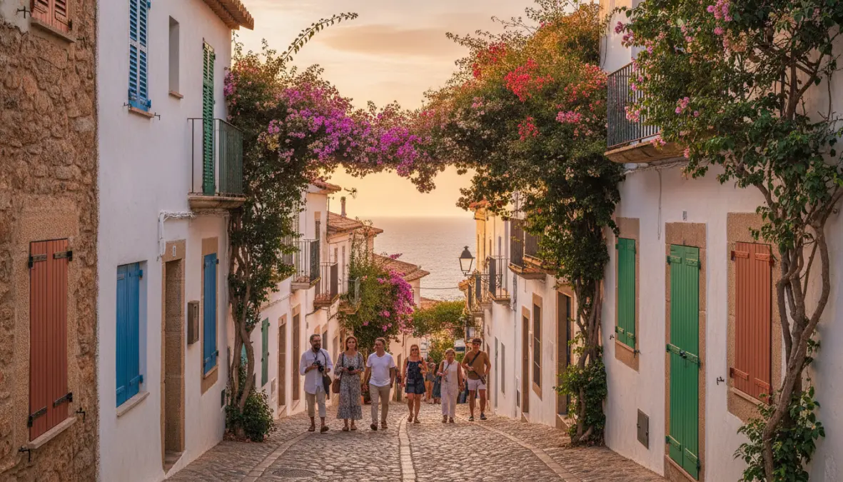 Picturesque whitewashed street in Cadaqués Costa Brava, one of best Spanish coastal towns for weekend