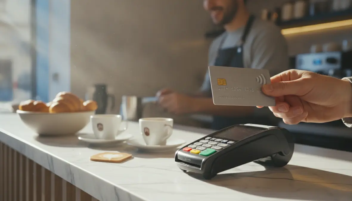 Contactless payment with no foreign transaction fee travel credit card in European cafe