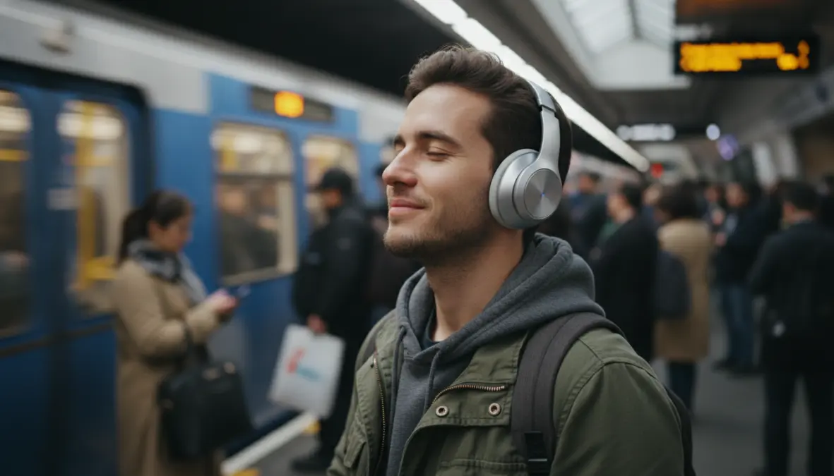 Traveler using wireless noise cancelling headphones on busy metro platform during city break