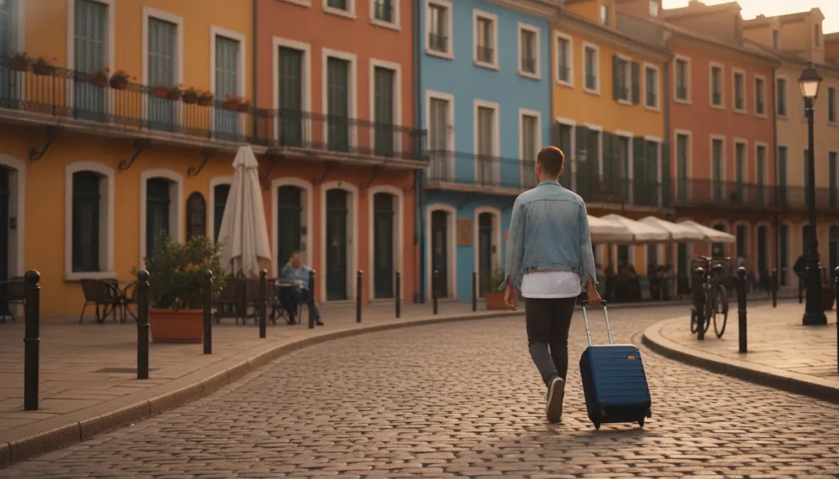 Traveler on weekend getaway walking through European city streets with luggage