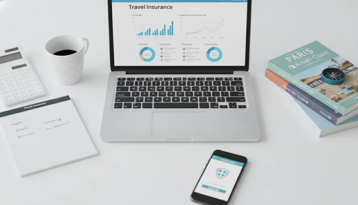 Comparing travel insurance options for European weekend trips on laptop